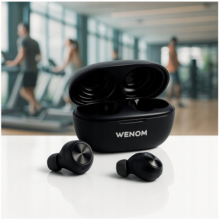 Sportinės belaidės ausinės „Wenom SPE-13“ su triukšmo slopinimu, Bluetooth 5.3, juodos