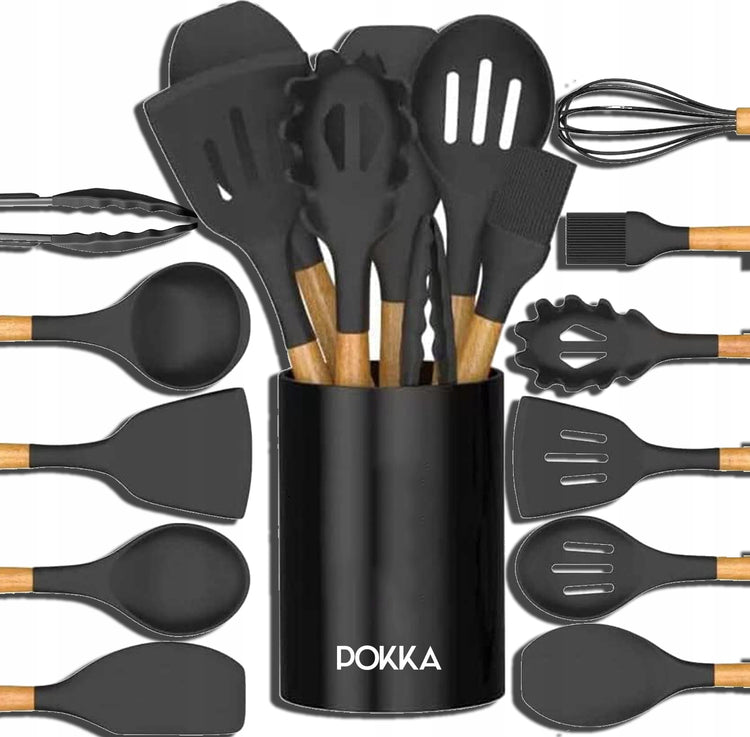 Silikoninių virtuvės įrankių rinkinys „Pokka Exclusive“, 12 vnt., juodas