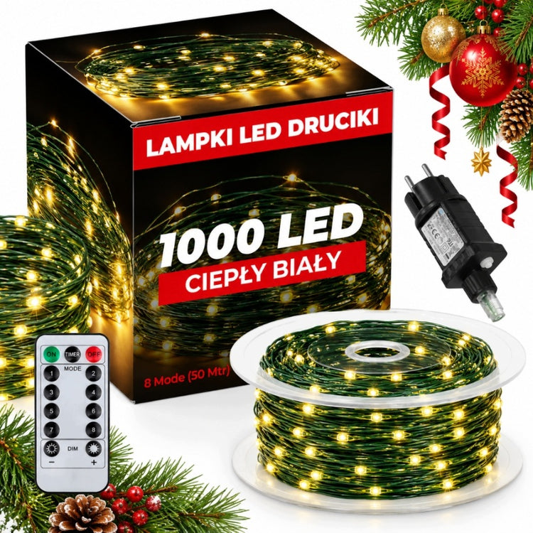 Kalėdinė mikro LED girlianda 1000 LED, 100 m, šiltai balta, su pulteliu