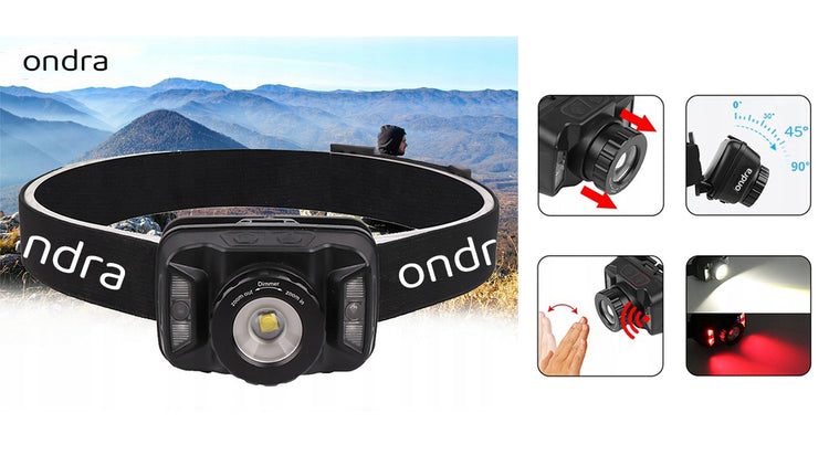 Įkraunamas LED žibintuvėlis ant galvos „Ondra Vertix“ su judesio jutikliu ir ZOOM, USB-C
