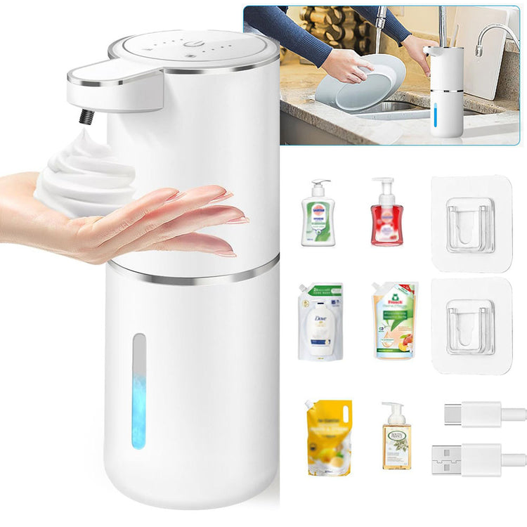 Automatinis bekontaktis putojančio muilo dozatorius, 380 ml, įkraunamas, baltas