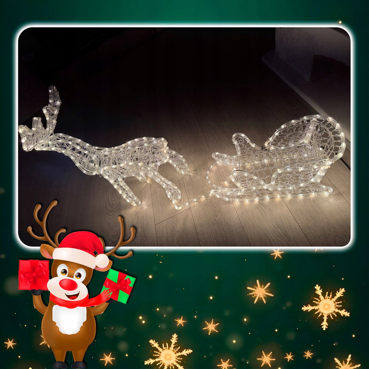 Šviečianti LED šiaurės elnio su rogutėmis figūra, 120 cm, 264 LED