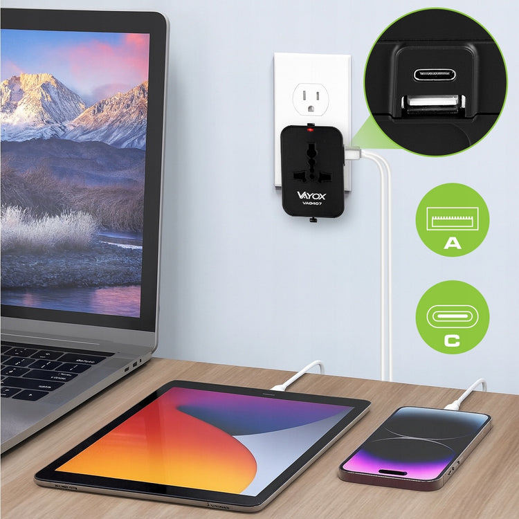 Universalus kelioninis adapteris „Vayox VA0407“ su USB-C, viso pasaulio lizdams