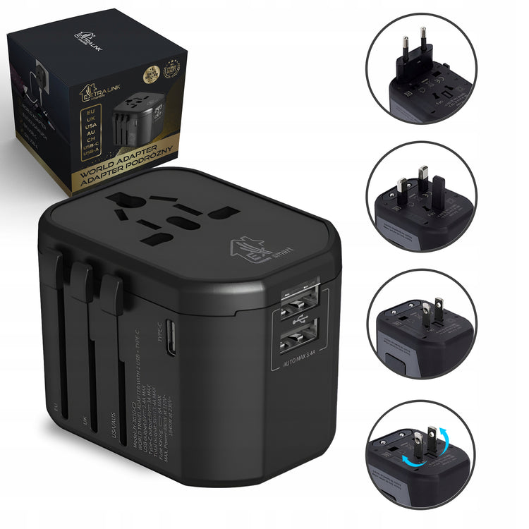 Universalus kelioninis adapteris „Extralink CHARESL07“ su 2 USB ir USB-C