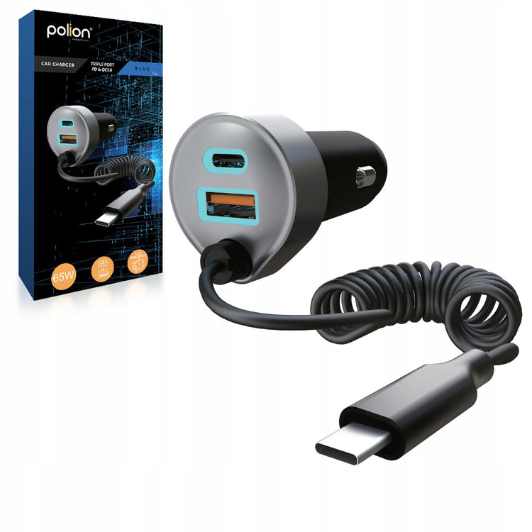 Automobilinis kroviklis „Polion“ 65 W: USB-A + 2× USB-C, QC 3.0, PD, su laidu