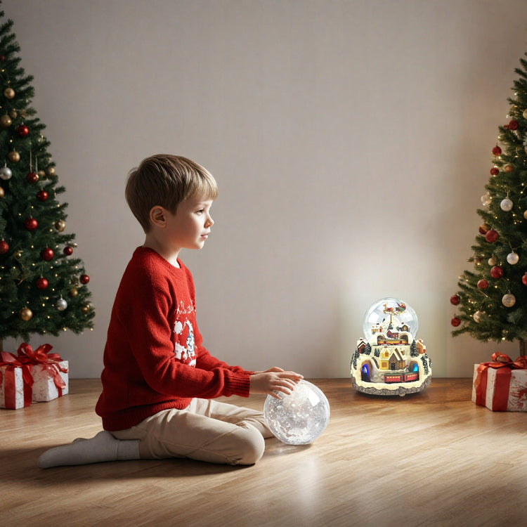 LED sniego rutulys-muzikinė dėžutė su Kalėdų seneliu ir besisukančiu traukiniu, 23 cm
