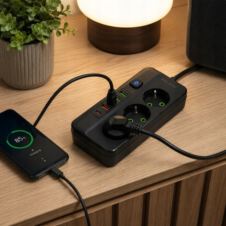 Ilgintuvas „Blow“ su jungikliu, 3 lizdai, 4× USB, 3 m, juodas