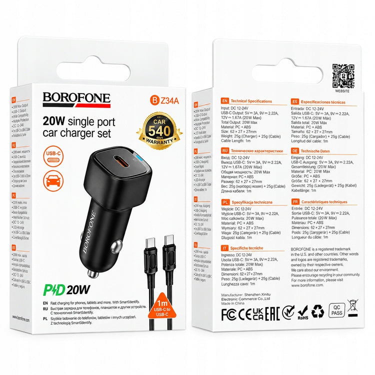 Automobilinis įkroviklis „Borofone BZ34A“, USB-C PD 20 W, su USB-C laidu