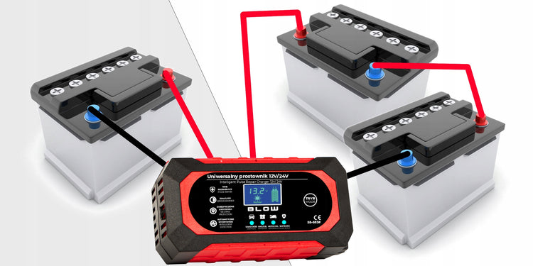 Automatinis akumuliatorių įkroviklis „Blow“ su LCD, 12 V 8 A / 24 V 4 A