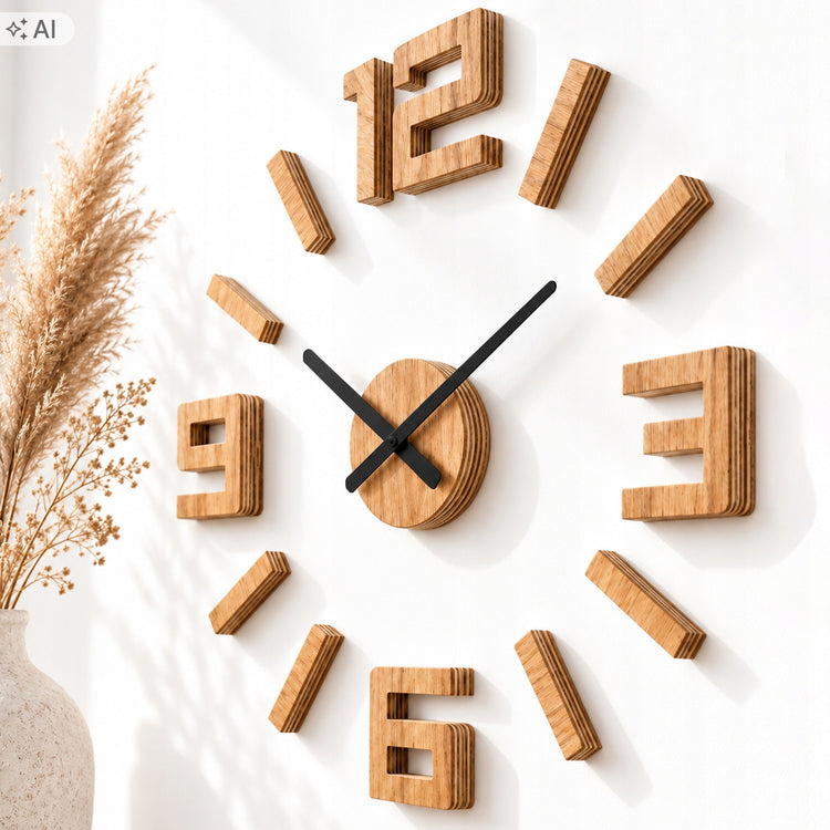 Didelis klijuojamas ąžuolinis 3D sieninis laikrodis „ModernClock Lotus“, 75 cm