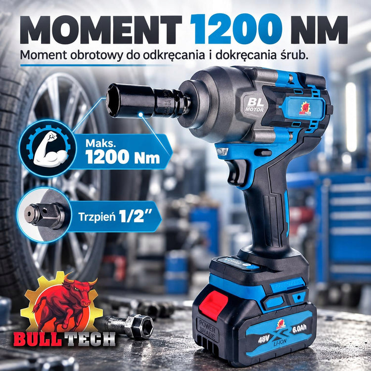 Akumuliatorinis smūginis veržliasukis „Bull Tech BT5013“, 1200 Nm, bešepetėlinis, 2 × 6 Ah