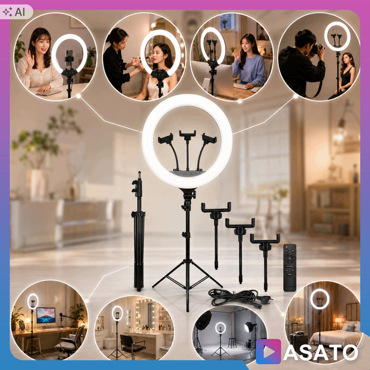 Didelė žiedinė LED lempa „Asato“ 45 cm, 240 W, su stovu ir pultu