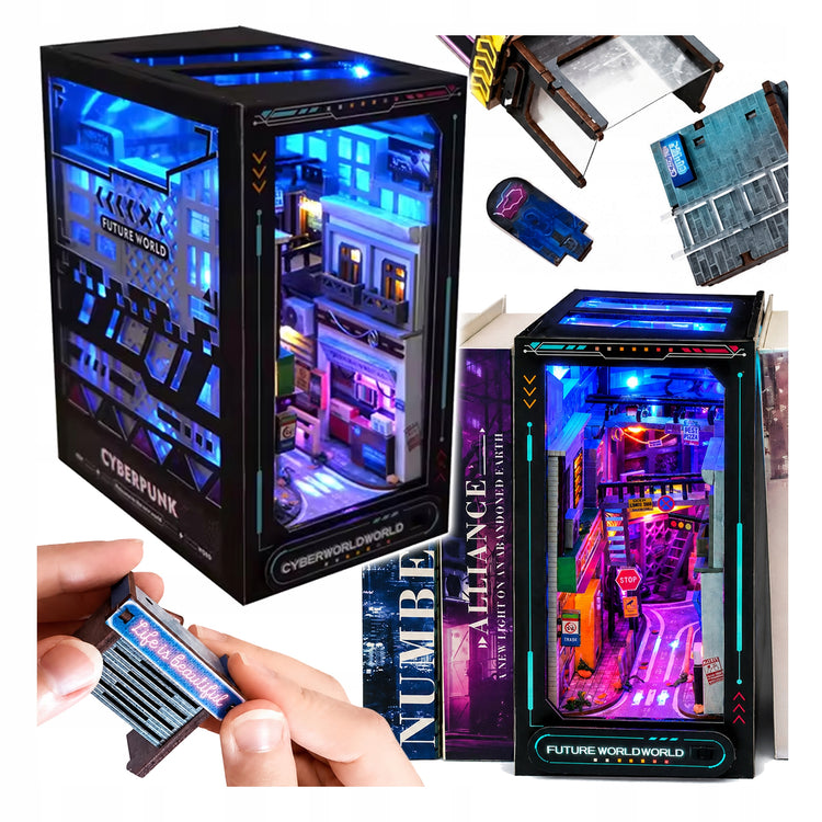 Medinis 3D miniatiūros modelis „Cyberpunk“ su LED, 200 dalių