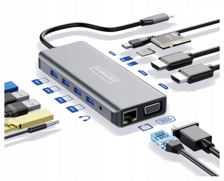 Doko stotelė „Zenwire“ 12 in 1 USB-C: 2× HDMI, VGA, USB, SD, Ethernet