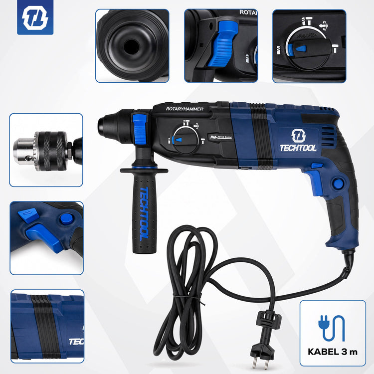 Perforatorius „Techtool“ SDS+, 830 W, 3 J, su 3 m laidu – nuotrauka 6