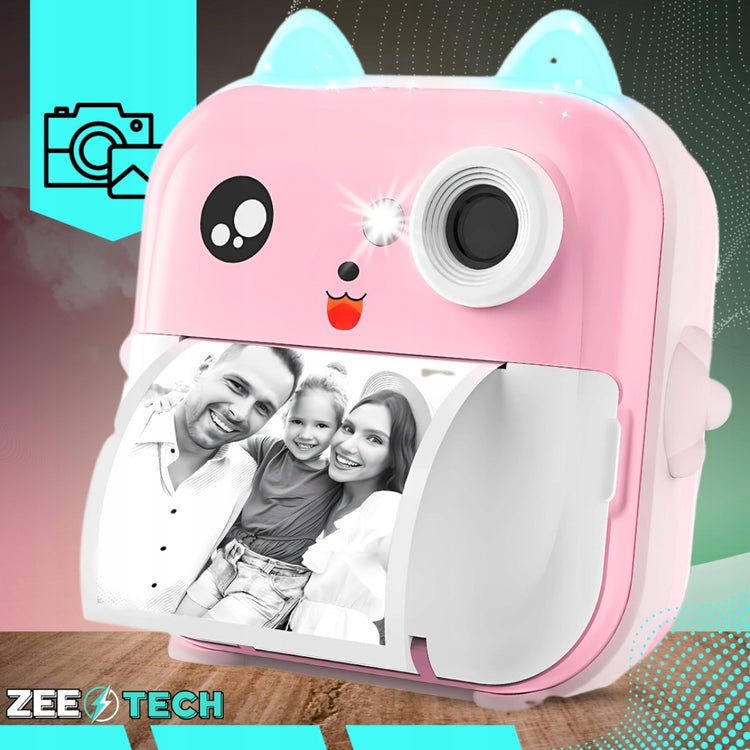 Vaikiškas momentinių nuotraukų fotoaparatas „ZeeTech Print“ su spausdintuvu, rožinis