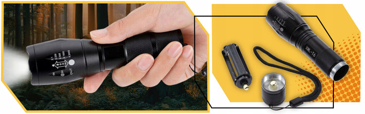 Akumuliatorinis taktinis LED žibintuvėlis XML-T6 su ZOOM, iki 1800 lm