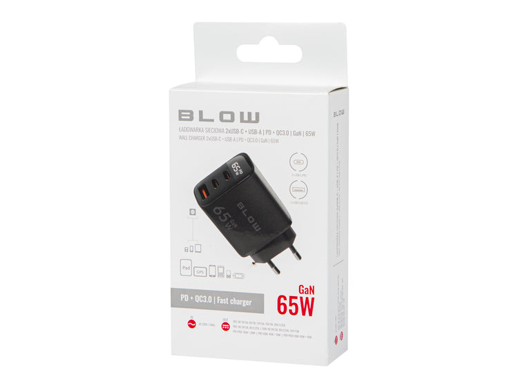 GaN tinklo įkroviklis „Blow“ 65 W su vatmetru, USB-A + 2 × USB-C, juodas