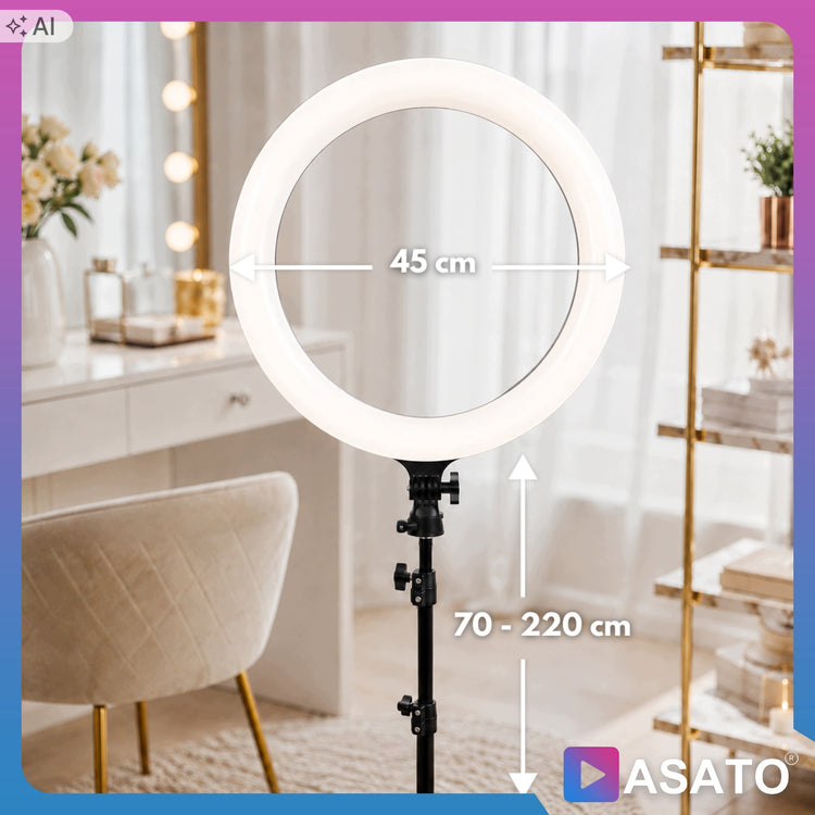 Didelė žiedinė LED lempa „Asato“ 45 cm, 240 W, su stovu ir pultu