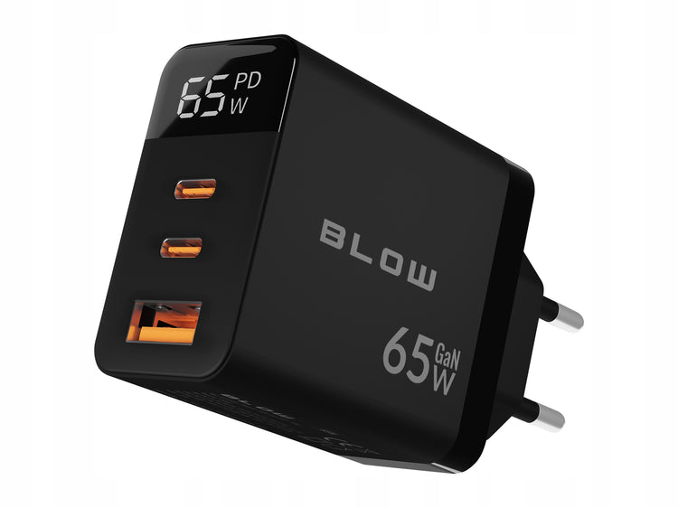 GaN tinklo įkroviklis „Blow“ 65 W su vatmetru, USB-A + 2 × USB-C, juodas