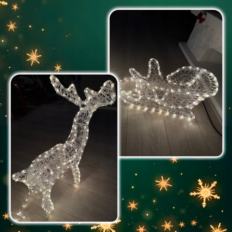 Šviečianti LED šiaurės elnio su rogutėmis figūra, 120 cm, 264 LED