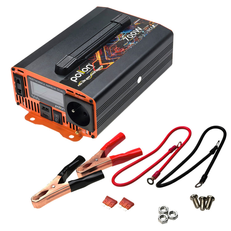 Automobilinis įtampos keitiklis „Polion“ 12 V / 230 V, 700 W, gryna sinusinė banga