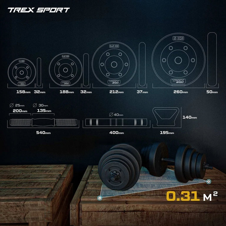 Reguliuojamų svarmenų rinkinys „Trex Sport“ 2 × 20 kg (40 kg) su grifu ir girios funkcija