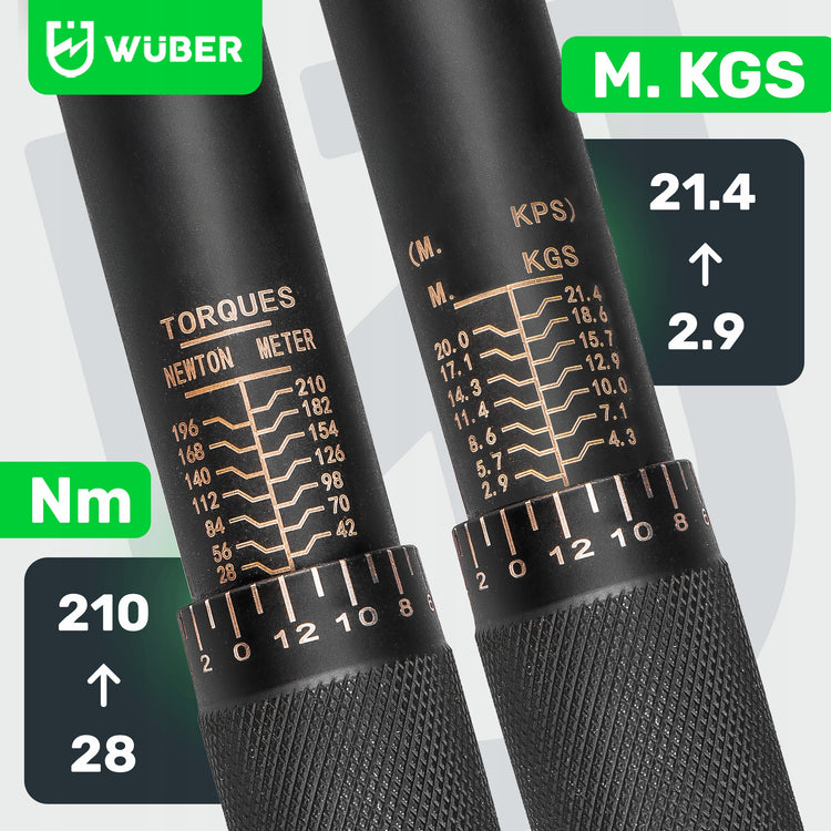 Dinamometrinis raktas „Wuber“ 1/2" 28–210 Nm su 4 galvutėmis ir dėklu