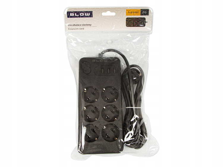 Ilgintuvas „Blow“ su jungikliu, 6 lizdai, 3× USB ir USB-C, 2 m, juodas