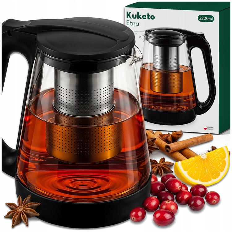 Didelis stiklinis arbatinukas su plieniniu sieteliu „Kuketo Etna“, 2,2 l