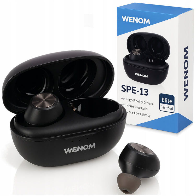 Sportinės belaidės ausinės „Wenom SPE-13“ su triukšmo slopinimu, Bluetooth 5.3, juodos