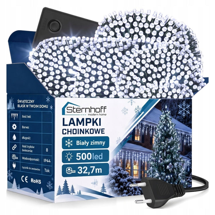 Kalėdinė girlianda 500 LED, 32,7 m, šaltai balta, 8 režimai