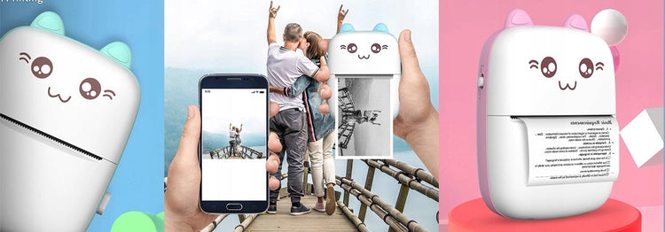 Vaikiškas mini terminis spausdintuvas-katė su Bluetooth ir 6 ritinėliais