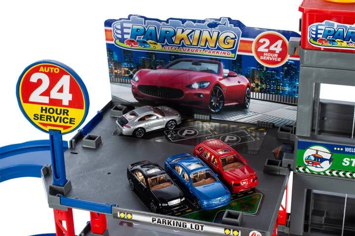 Didelis 4 aukštų parkingas-garažas su automobiliais ir plovykla