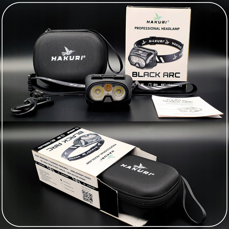 LED žibintuvėlis ant galvos „Hakuri Black Arc“ su ekranu, 600 lm, IPX6, su dėklu