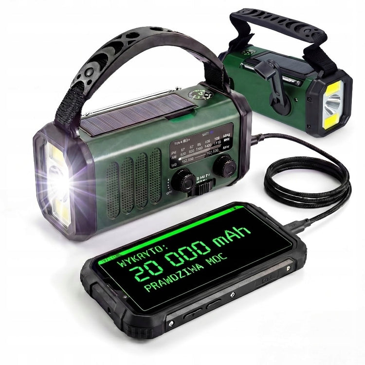 Nešiojamas radijas su rankenos ir saulės įkrovimu „PowerReg“, 20000 mAh, su žibintuvu ir SOS