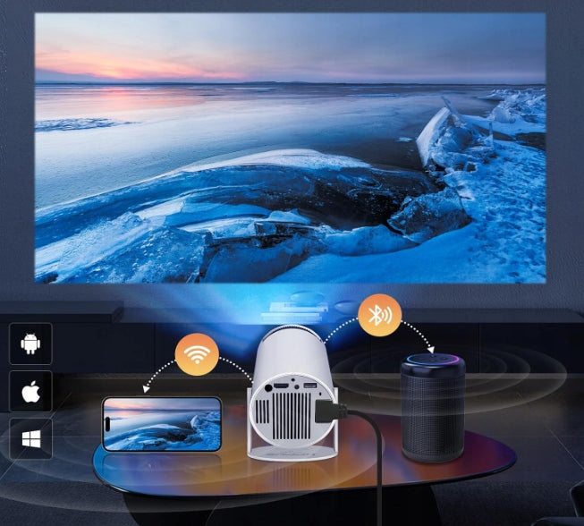 Nešiojamas projektorius „Heelly“ su „Android TV“ ir Wi-Fi, pasukamas, baltas
