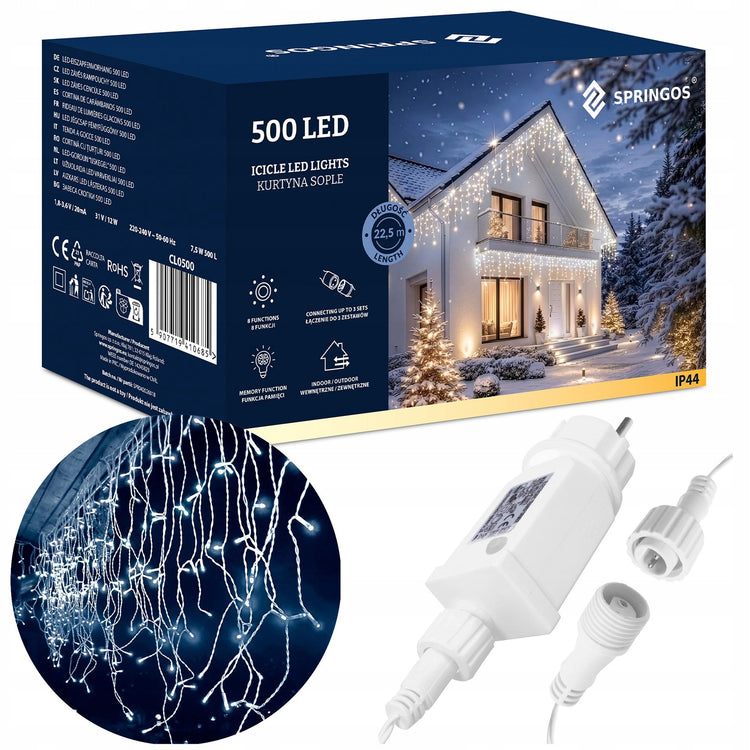 Lauko LED girlianda „Varvekliai“, 500 LED, 22,5 m, šalta balta