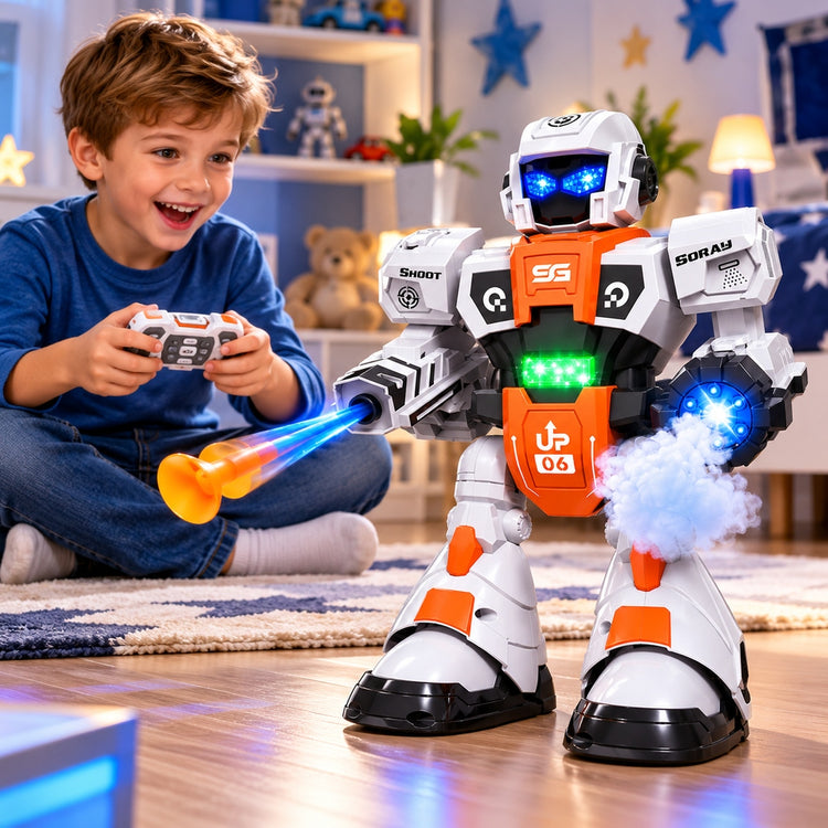 Nuotoliniu būdu valdomas robotas „HollaKids“, šaudantis strėlėmis, su garais