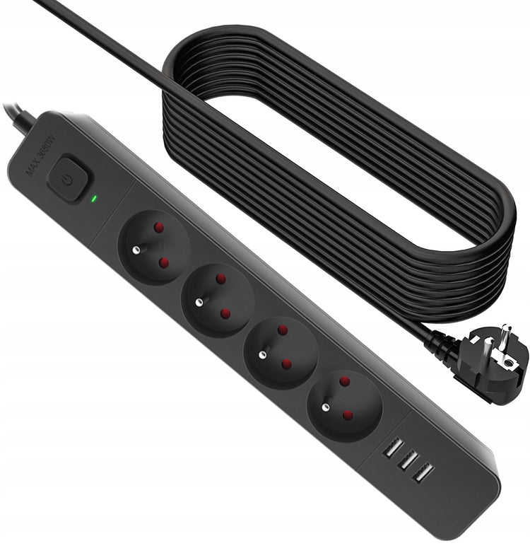 Ilgintuvas su apsauga nuo viršįtampių „Defender SFS 135“, 4 lizdai, 3× USB, 5 m