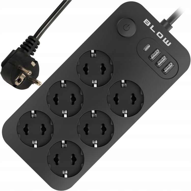 Ilgintuvas „Blow“ su jungikliu, 6 lizdai, 3× USB ir USB-C, 2 m, juodas