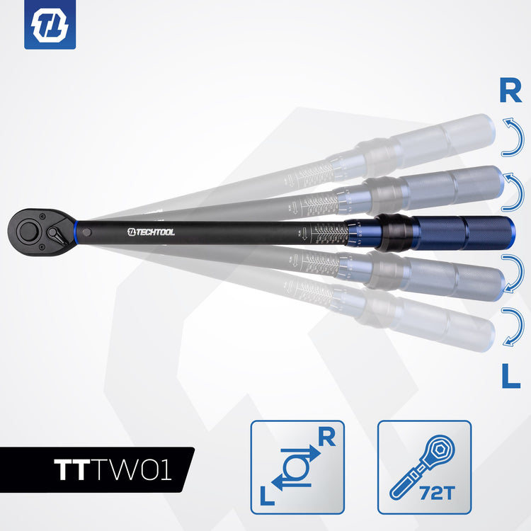 Dvikryptis dinamometrinis raktas ratams „Techtool“ 1/2" 28–210 Nm, 72T