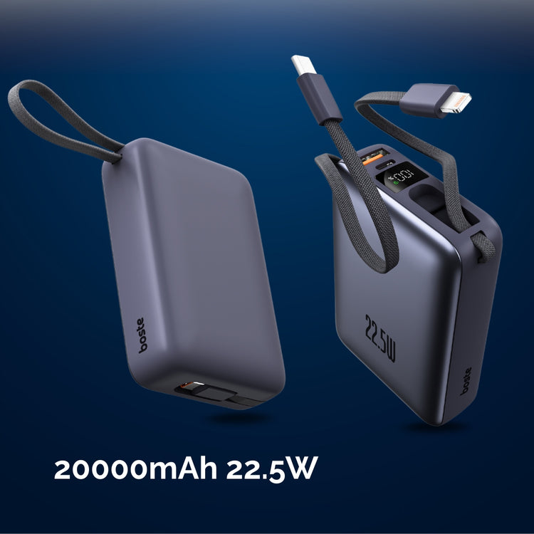 Išorinė baterija „Boste“ 20000 mAh, 22,5 W, su įmontuotais USB-C ir Lightning laidais