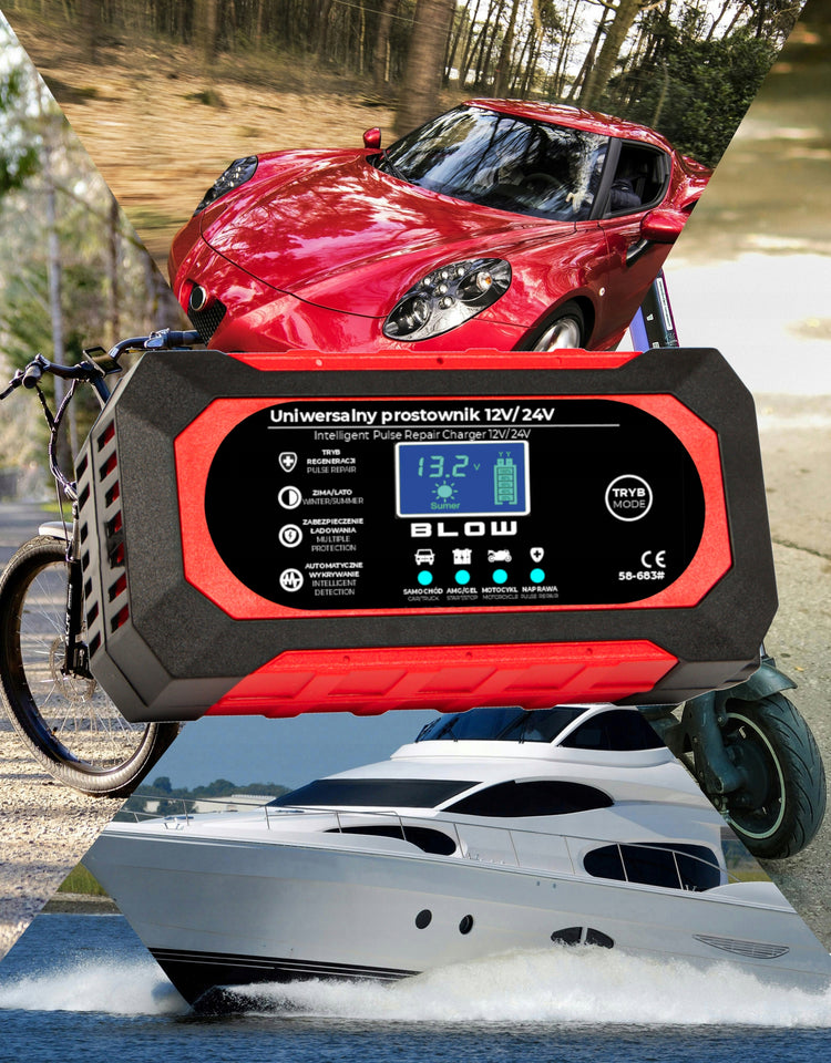 Automatinis akumuliatorių įkroviklis „Blow“ su LCD, 12 V 8 A / 24 V 4 A