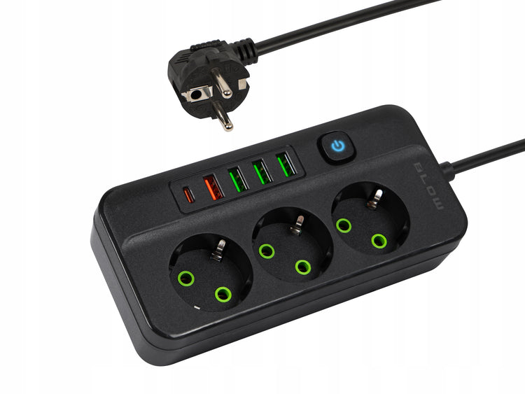 Ilgintuvas „Blow“ su jungikliu, 3 lizdai, 4× USB, 3 m, juodas