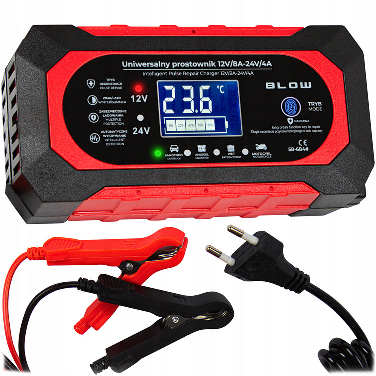 Automatinis akumuliatorių įkroviklis „Blow“ su LCD, 12 V 8 A / 24 V 4 A