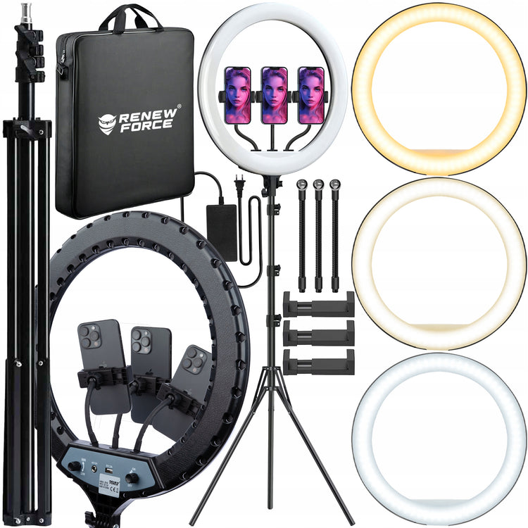Žiedinė LED lempa „Renew Force“ 43 cm, 24 W, su stovu ir pultu