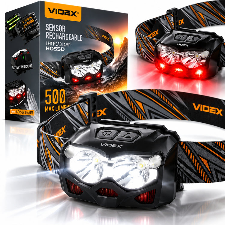 Įkraunamas LED žibintuvėlis ant galvos „Videx H055D“, 500 lm, su judesio jutikliu