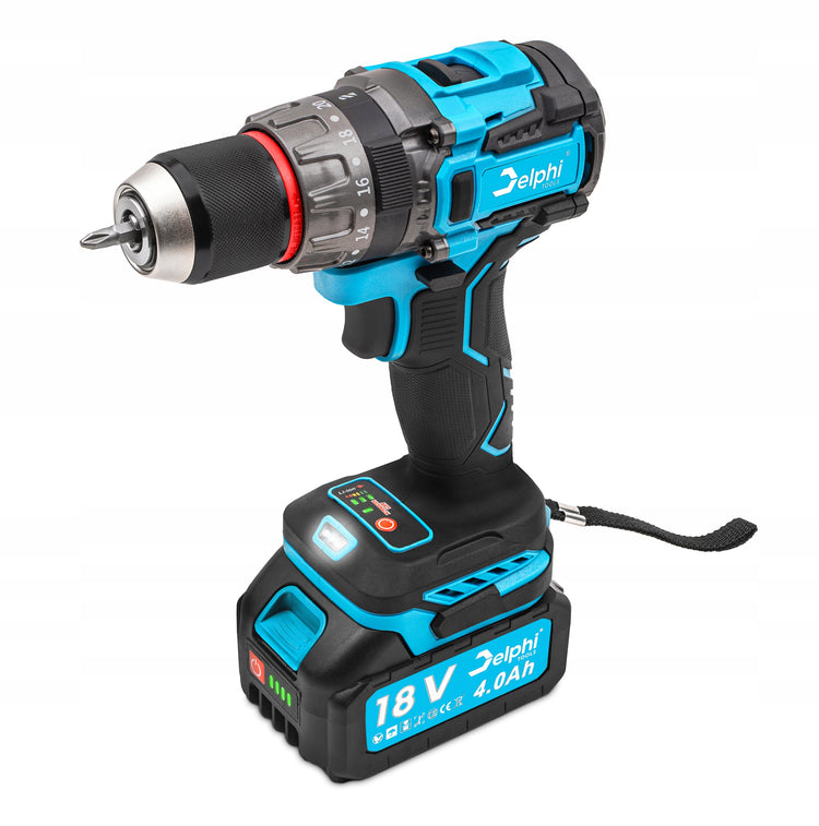 Akumuliatorinis smūginis gręžtuvas-suktuvas „Delphi Tools“, 18 V, 90 Nm, 4 Ah