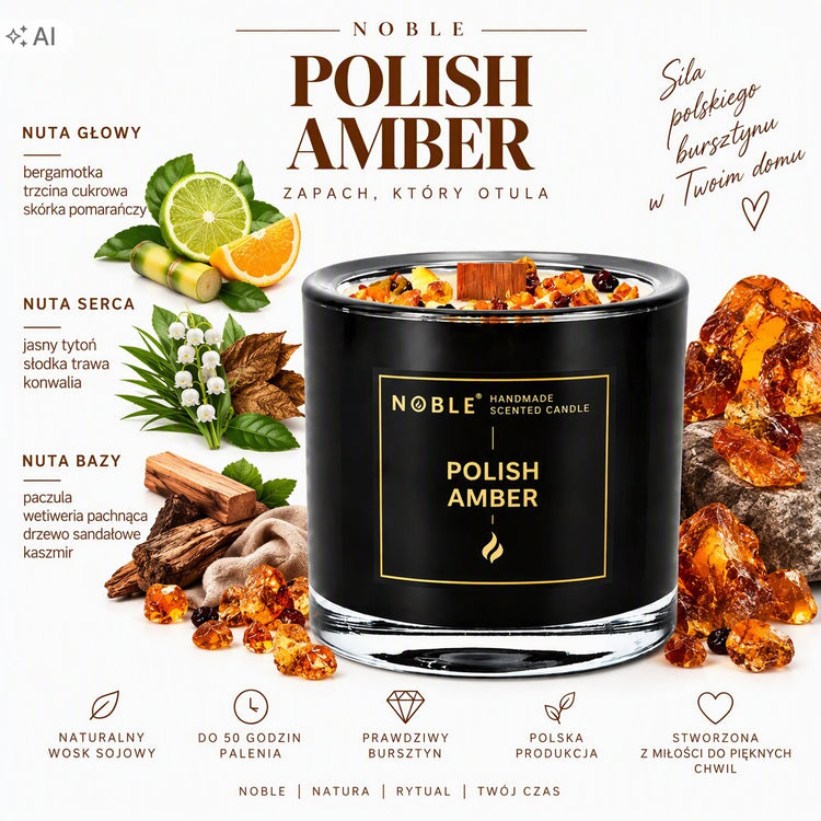 Kvapioji sojų vaško žvakė su gintaru „Noble Polish Amber“, juoda